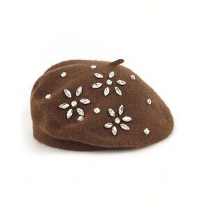 Wool Blend Rhinestone Flower Knitted Beret Cap Brown